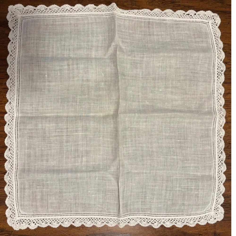 Vintage White Crochet Lace Trim Hemstitch Linen Handkerchief